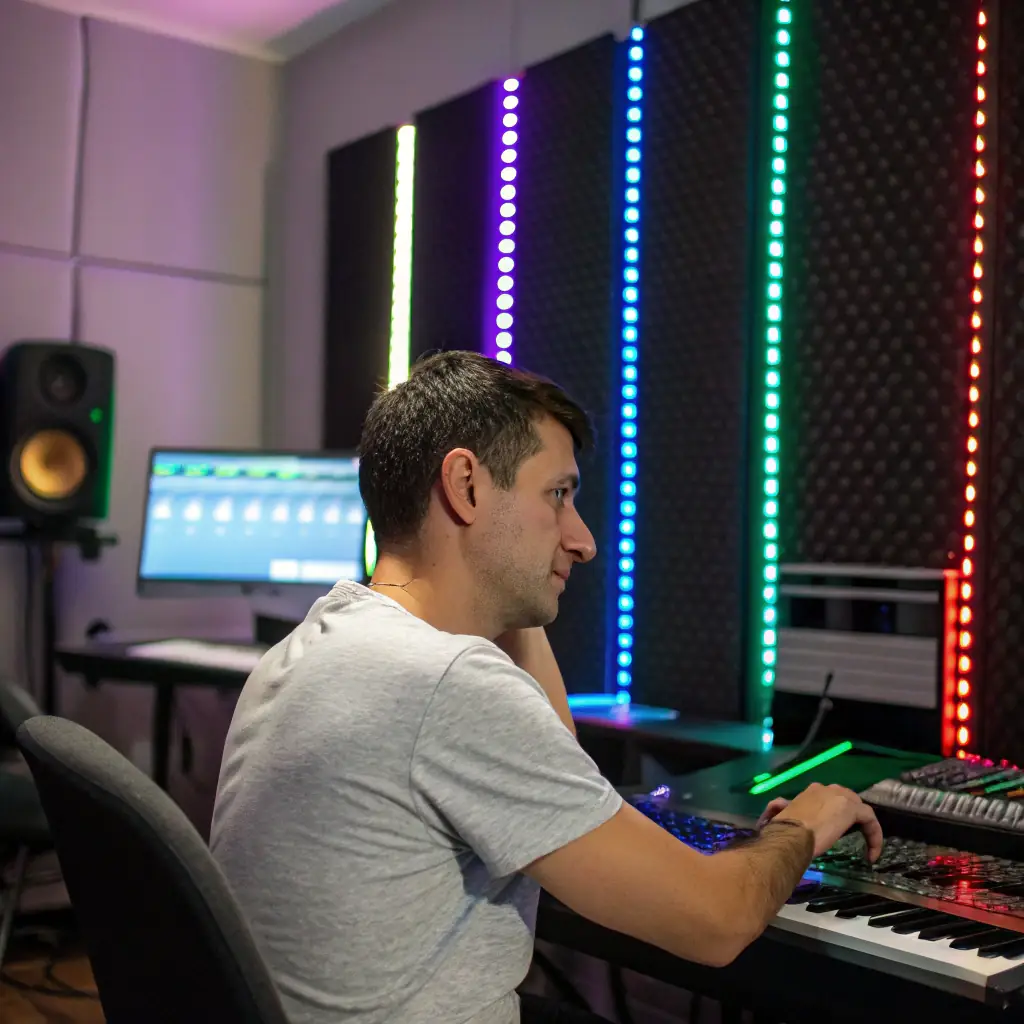 Michael is a focused man with short, dark hair, glasses, and a calm demeanor, often seen behind the scenes adjusting equipment and ensuring smooth technical operations.