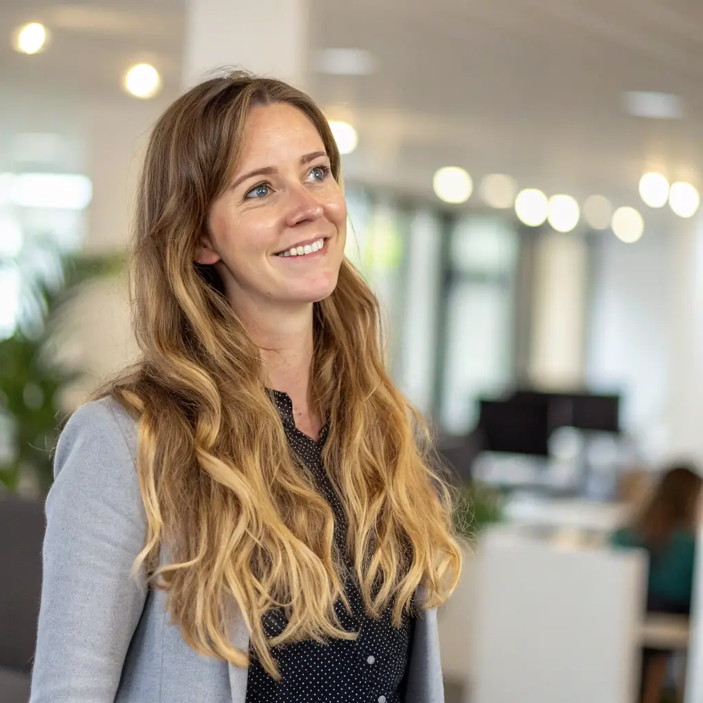 Samantha is a detail-oriented woman with long, wavy blonde hair, a warm smile, and a keen eye for event logistics, typically seen with a clipboard in hand.